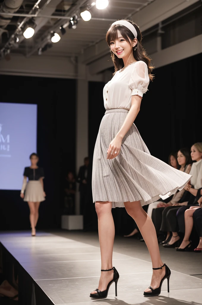 A skirt with fine pleats and a variety of patterns and colors sways gracefully.、Sheer blouse、Walking towards me on the runway at a fashion show、The eyes are round and large.、A woman with a cute smile that shows her white teeth, a large bust, a small waist, and a slender figure.、White skin、Japanese woman with long wavy hair、A cute round-faced 20-year-old girl、Slim figure、Wearing high heels、A bright, photographic-quality image showing your entire body, from your high heels to your head、Walking towards me on the runway at a fashion show