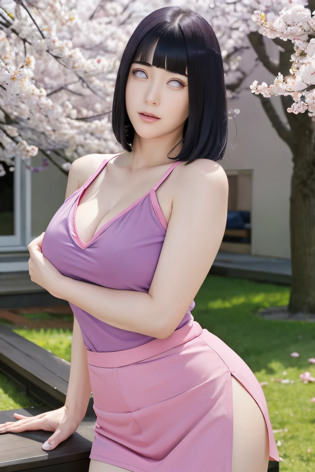 hinata / Hinata Hyūga (hyuuga hinata) / [boruto: Naruto Next Generations] masterpiece, absurdres, hinata\(boruto\), 1girl, solo,mature female, tshirt v neck, high waist mini skirt, looking at viewer, (falling petals), perfect composition, detailed lips beautiful face, body propotion, blush, (pink lips), long hair, purple eyes, Soft gaze, super realistic, detailed, photoshoot, realistic face and body, cleavage, naruto shippuuden, 1girl, accurate konohagakure symbol, bangs,   closed mouth,  eyes visible through hair, floating hair,  foreshortening,  looking at viewer, parted bangs, short hair, solo, upper body, v-shaped eyebrows, ((masterpiece)), medium breast (best quality, highres:1.2), 1girl, beautiful detailed eyes, beautiful detailed lips, extremely detailed eyes and face, long eyelashes, HDR, studio lighting, sharp focus, physically-based rendering, extreme detail description, portraiting breasts, perfect shape, facing viewer, sweaty, gorgeous, appearing in full frame, good-looking, Beautiful fair skin and luster, Beautiful eyes are big and bright, Small mouth and thin lips, Goodness of style and slendernes), beautiful girl illuminated by seven colors of light, Irridescent coloe, showing off her figure, seductive and confident, enchanting aura, surrounded by cherry blossom trees, delicate and vibrant petals falling all around her, soft pink and white colors, sunlight filtering through the trees, creating a warm and dreamy atmosphere, show nipples, big breasts, show vagina, spread legs..