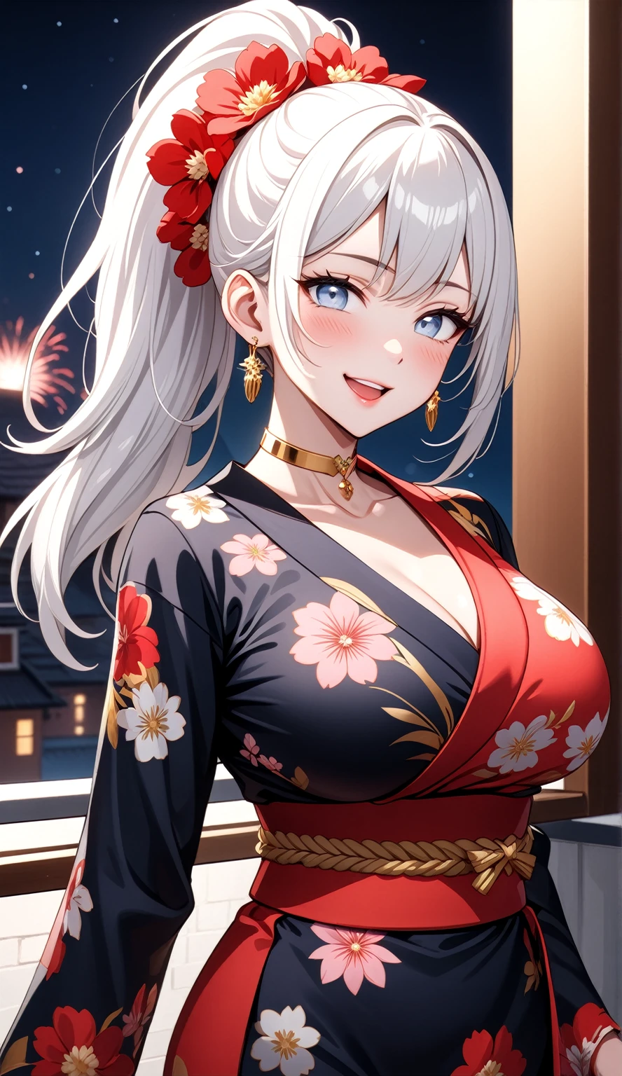 ((One personの女性)), Beautiful Face, (Laughing embarrassedly), (laugh:1.2),((Wink:1.9)), (head tilt:1.3), Laugh with your mouth wide open, upper teeth, looking down at viewer, ((Bright red cheeks:1.4)),Glossy Red Lips,rooftop, firework, Glossy red lips, Shining Face, ((Anime style background)),masterpiece, Highest quality, so beautiful,up to date, Complex details, (Pink long nails),(ring),(bracelet),(Floral choker),AI-generated, Complex,High resolution, Highest quality, super high quality,3D Images、3D Images,One person,Long white hair,High Ponytail, Anime woman posing for a photo,(blue eyes), ((Fine grain、Silvery white, lightly pigmented eyes、Shining Eyes:1.3)), (Squint your eyes:1.1),a hyperRealistic , hyperRealistic , Realistic,Anime woman with long white hair, Smooth anime CG art, A woman in a colorful kimono with gold embroidery, (Black long sleeve kimono),Red floral pattern,Long flower hair ornament,Earrings,Mature Body,(Big Breasts:1.1),Tall,Abdominal muscles,Tight waist,(Zoom up to face:1.4), (front view),