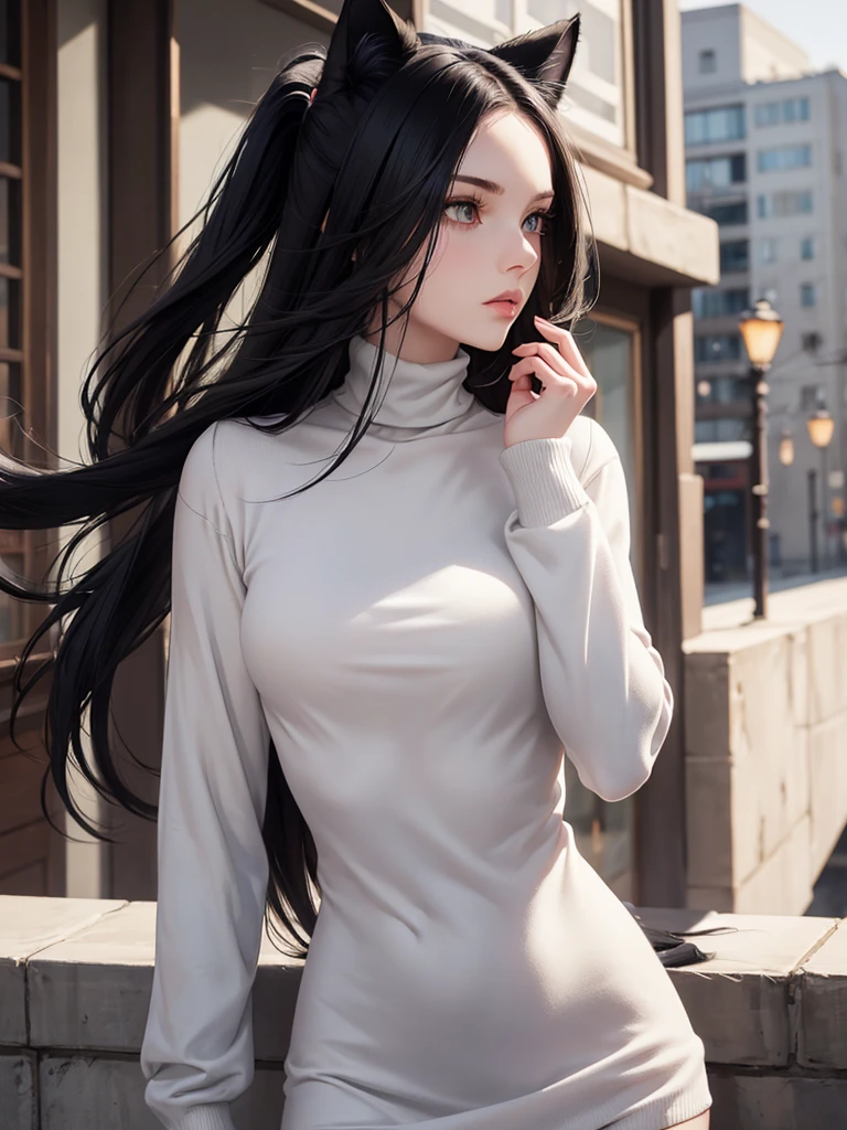 (best quality), 1girl, female, pale skin, (black hair), long hair, straight hair, grey eyes, perfect eyes, slender, tall, turtleneck sweater, (cat ears), stylish, elegant, serious, normal bust, masterpiece, anatomically correct, highres
