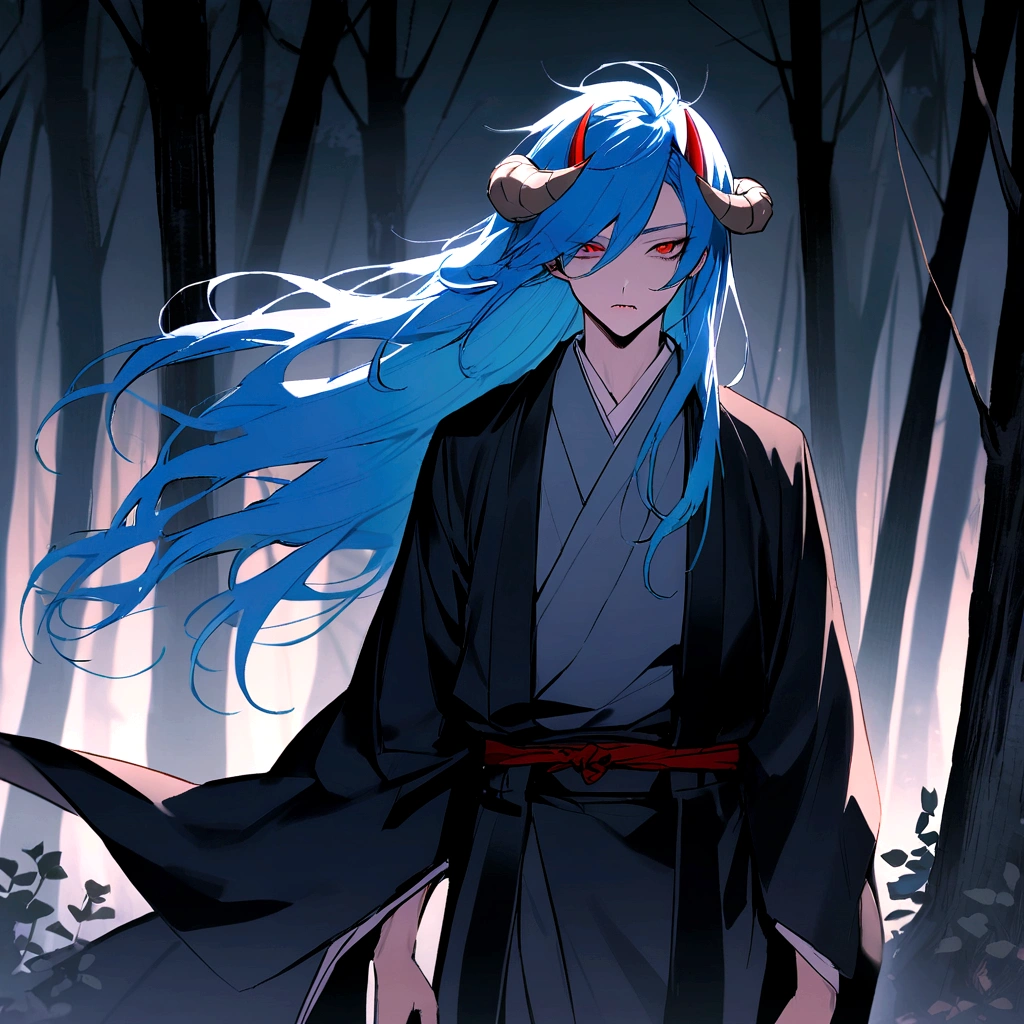 Beautiful 18 year old boy,Blue Hair,Long hair blowing in the wind,Two demon horns growing from his head.Wear a Japan kimono.nails are long,The fangs are sharp,Clothes with blood.Standing in the woods.The wind is blowing.