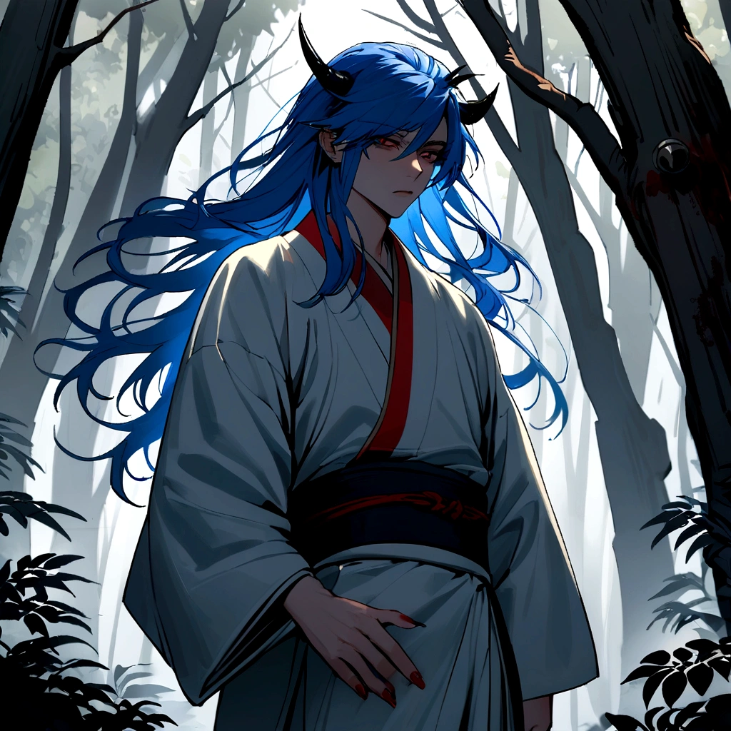 Beautiful 18 year old boy,Blue Hair,Long hair blowing in the wind,Two demon horns growing from his head.Wear a Japan kimono.nails are long,The fangs are sharp,Clothes with blood.Standing in the woods.The wind is blowing.
