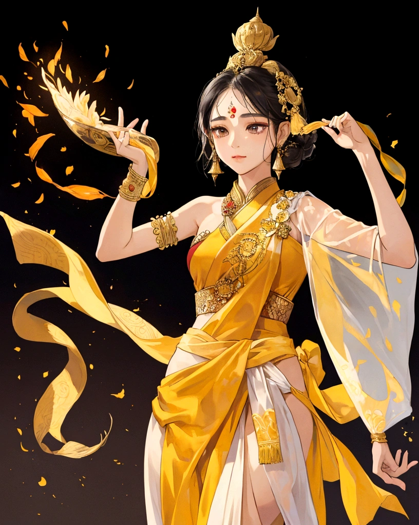 Masterpiece, Best quality, ung girl with a yellow sari and gold jewelry, sukhothai costume, in style of thawan duchanee, south east asian with long, sarong, traditional, wearing a sari, wearing sari, dressed in a sari, sari, nivanh chanthara, Thai dress, traditional dress, in style of lam manh, traditional clothes, hafl body, Thai style, the expression is cold, anime, illustration, black or white background, simple background
