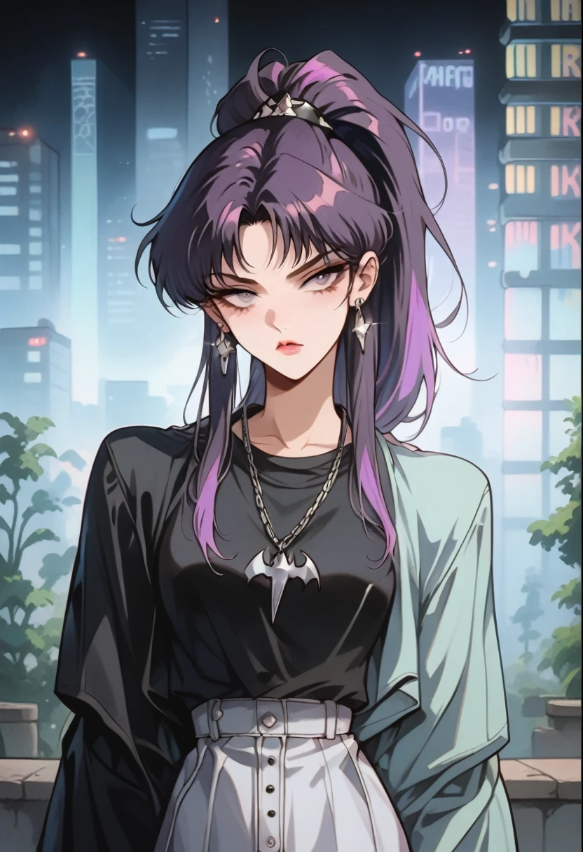 Art styles: uncensored, masterpiece, dramatic lighting, 3000K lighting, muted tones, crisp image, clear image, vivid colors, vibrant colors, 1990s \(style\), cinematic, cinematic lighting, retrowave, retro, anime, Vintage, edgPastelGoth; character:manga_darkstalkers_Morrigan_Aensland:0.13; appearance: purple hair, high ponytail hair, purple eyes, (slim body), medium breasts, hourglass figure, soft gradient two-tone hair, makeup, masterpiece; clothing: streetwear-grunge-cyberpunk; composition: cowboy shot; BREAK Accessories: sparkly diamond small earrings; pose: standing, hand on hip; BREAK bg: large illuminated fountain, skyscraper roof, panoramic view, night city, decorations neon lights, translucid lights, dense, green ornamental plant, side lighting;