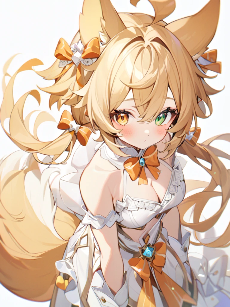 1girl, animal ears, bangs, bare shoulders, blonde hair, blush, bow, breasts, white cleavage, cropped torso, , green eyes, hair ribbon, heterochromia,  stlooking at viewer, , orange bow, orange eyes, orange ribbon, ears like an unearthly animal, fluffy tail, light tail, real tail, ribbon, solo, stuffed animal, stuffed bunny, stuffed toy, twintails, upper body, full-length, white legbands, white shoes with lace and white bows, white background, wrist cuffs, yellow eyes, bloomers, close-up, fair skin frills, lace, midriff, skirt, solo, , white background,shorts, white top with ribbon and lace and trousers,trousers, genshin,white slippers with a bow,All clothes are white, laceAt full height, it stands, в полный рост