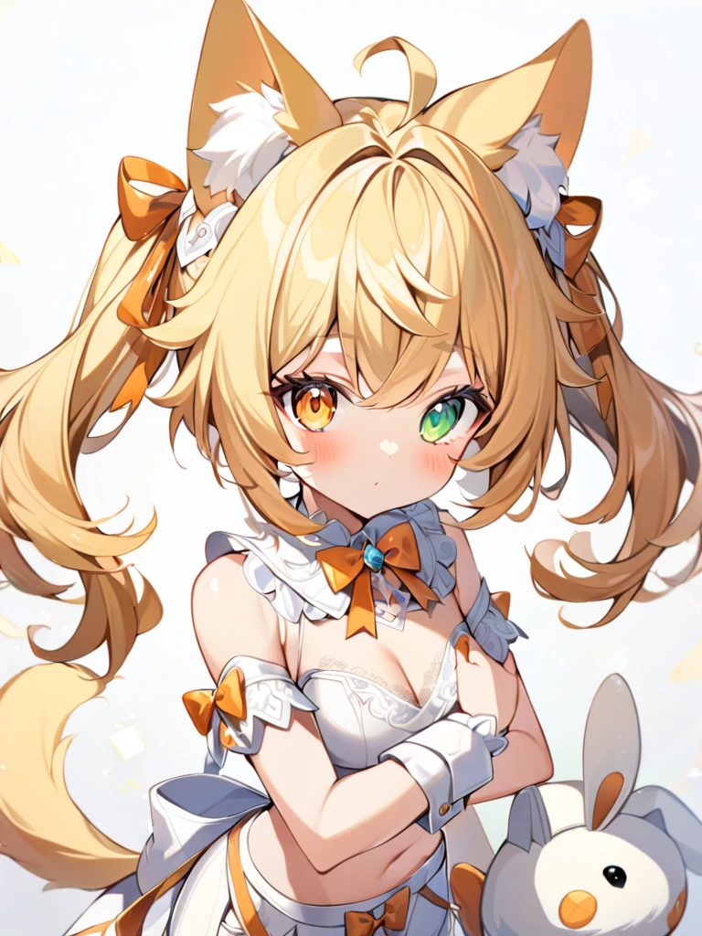 1girl, animal ears, bangs, bare shoulders, blonde hair, blush, bow, breasts, white cleavage, cropped torso, , green eyes, hair ribbon, heterochromia,  stlooking at viewer, , orange bow, orange eyes, orange ribbon, ears like an unearthly animal, fluffy tail, light tail, real tail, ribbon, solo, stuffed animal, stuffed bunny, stuffed toy, twintails, upper body, full-length, white legbands, white shoes with lace and white bows, white background, wrist cuffs, yellow eyes, bloomers, close-up, fair skin frills, lace, midriff, skirt, solo, , white background,shorts, white top with ribbon and lace and trousers,trousers, genshin,white slippers with a bow,All clothes are white, laceAt full height, it stands, в полный рост