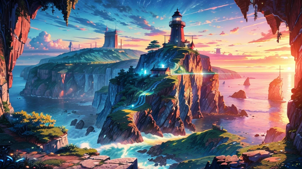 ((Masterpiece)), (best quality), (Very detailed), (digital), Medieval lighthouse overlooking the cliffs, ocean, sunrise, forest, mountain, anime style, complicated, รายละเอียดที่complicated, ((bright)) color, high saturation