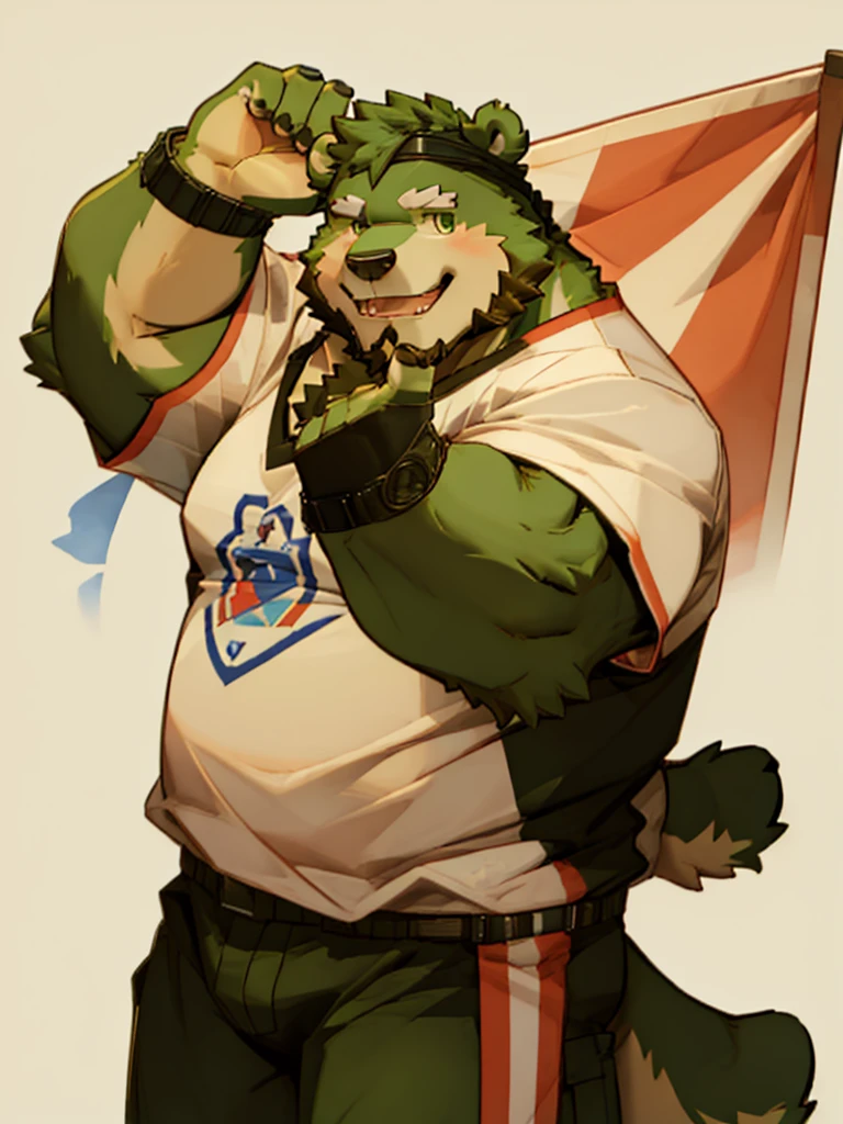 anthro, kemono, male,  (((green bear))), (((green fur))), green hair, beard, white eyebrows, sexy, blush, wink, simple background, victory hand poses,