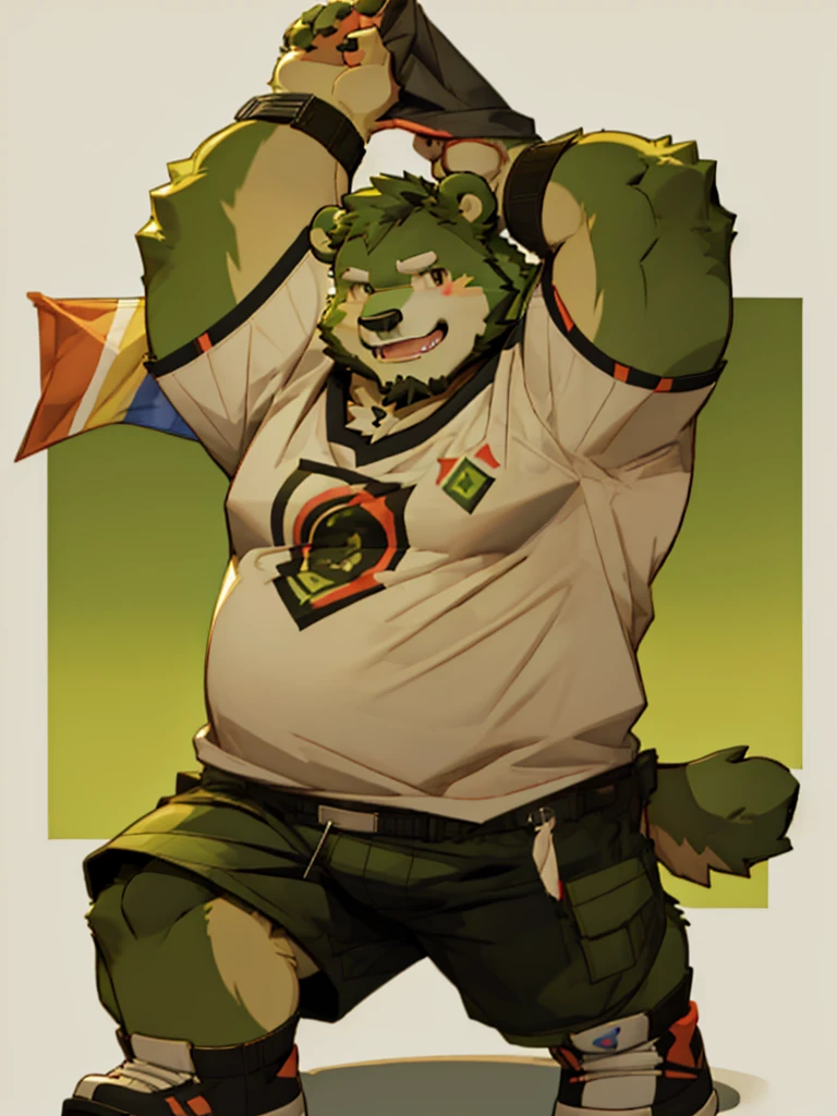 anthro, kemono, male, solo, (((green bear))), (((green fur))), green hair, red eyes, beard, white eyebrows, sexy, blush, wink, simple background, wear a white t-shirt, wave a big lgbt flag,