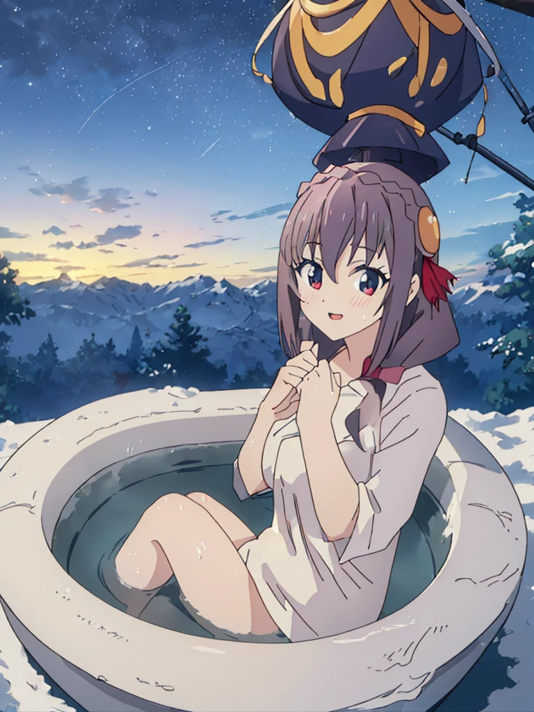 ((greatest masterpiece:1.3, ultimate quality:1.3, ultra-detailed:1.2)), (movie lighting), ((perfectly sensual)), super fine illustration, an extremely delicate and beautiful, 4K, 8K, 16K, UHD, 1 girl, big smile, ((bath towel)), Spotlight on Japanese hot springs, open-air bath, steam, deep at night, Super giant moon, Monts, snow scene, open-air bath, starry sky, multiple men and women,, style of anime 