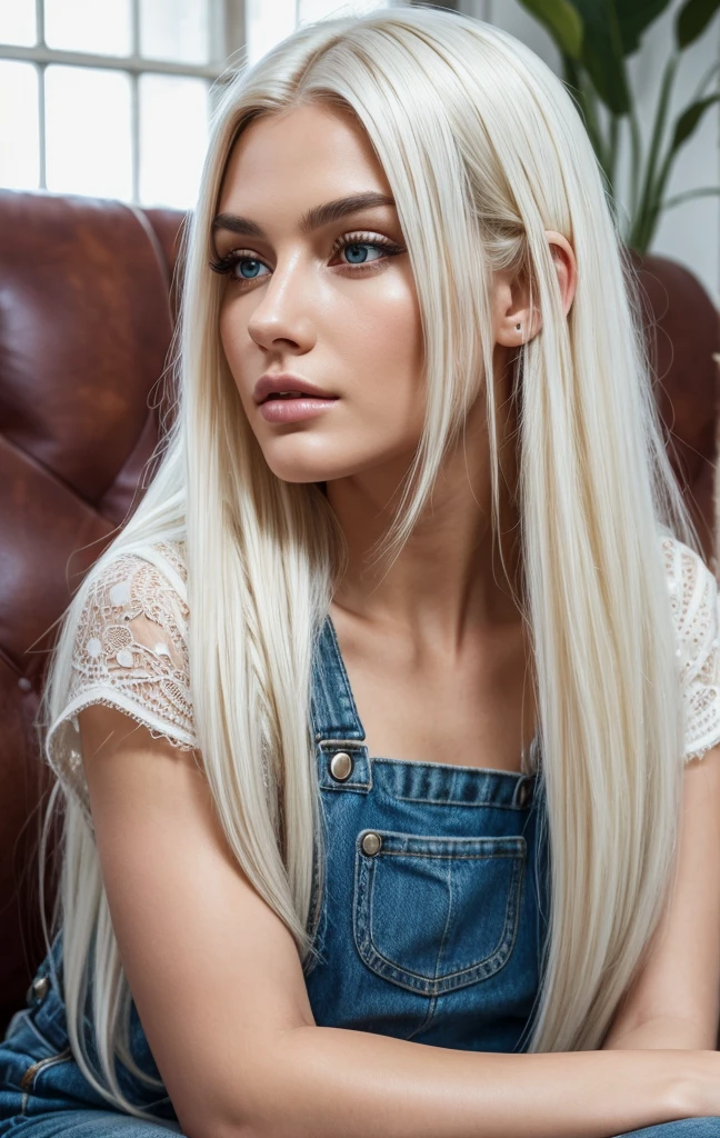 +Masterpiece, best quality, super detailed, a , beautiful face, rich details, (long white hair), perfect face, overalls, sitting, close-up, shabby sofa