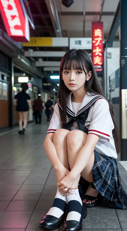 "(RAW Photos:1.4), (photoRealistic:1.3),(masterpiece), Highest quality, Highest quality, Very detailed CG unity 8k wallpaper, Detailed and sophisticated, original,High resolution,
\\
One girl,alone,(yo),Very detailed_eye, nail,Medium chest,(eyeliner:0.5),(blush:0.5),Black Hair,Long Hair,Hair Clip, View Viewer,Browsing Caution,
\\
high school,student,, Sailor collar,Bobby Socks,school bag,skirt, Plaid, Plaid skirt,Raise your knees,Sitting,
\\
street, Subway Station, Shop Boundaries, akihabara \(Tokyo\), Shibuya Ward \(Tokyo\), Shinjuku \(Tokyo\),
\\
Beautifully detailed backgrounds,Depth of written boundary,change:0.1,Realistic:1.3,(Zhou Haoguang:1),(Neon Light:0.1),(High resolution:1),(Studio Lighting:1.5),(Panty shot:1.2),From below,whole body,"