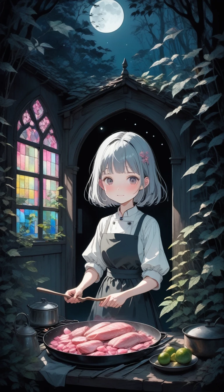 score_9, score_8_up, score_7_up, score_6_up, score_5_up, score_4_up, source_anime, beautiful and cute woman, innkeeper, cooking, long face, silvery bob cut, blunt bangs, droopy eyes, smirk, pink cheeks, in a dim forest, faint moonlight, inn entrance with stained glass, simple and simple, slightly scary picture book illustration style, fusion of watercolors and oil paintings, fusion of paper cutting and shadow puppetry, mix of monochrome and color, 2.5D