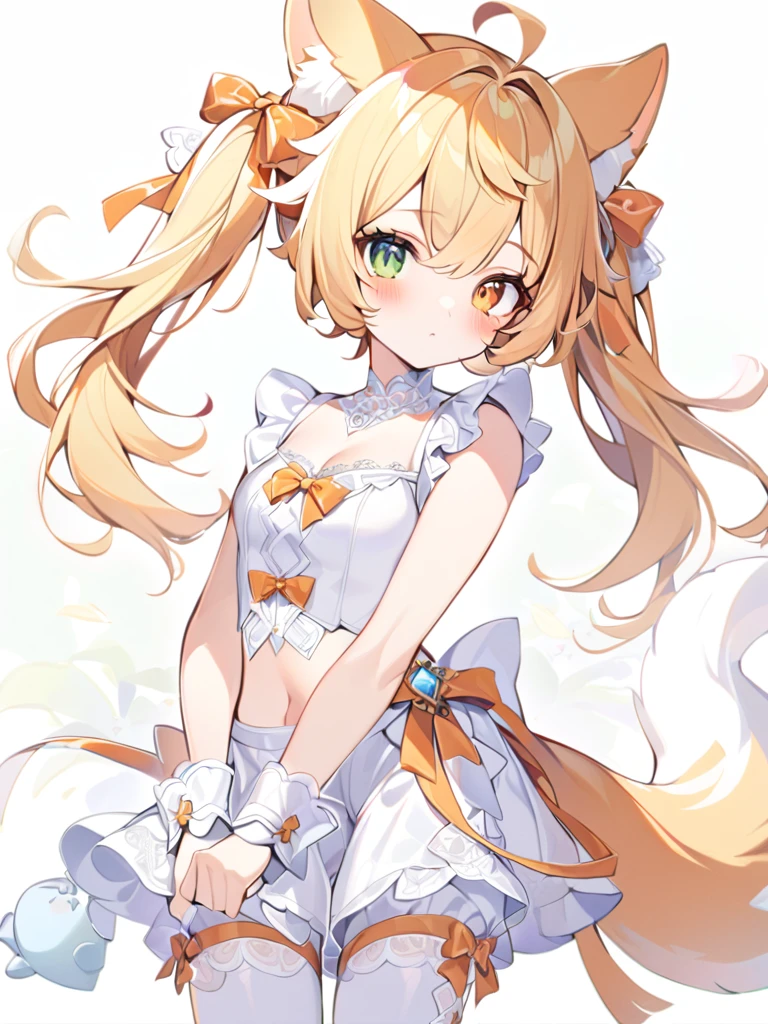 1girl, animal ears, bangs, cutie,bare shoulders, blonde hair, blush, bow, breasts, white cleavage, cropped torso, , green eyes, hair ribbon, heterochromia, stlooking at viewer, , orange bow, orange eyes, orange ribbon, ears like an unearthly animal, fluffy tail, light tail, real tail, ribbon, solo, stuffed animal, stuffed bunny, stuffed toy, twintails, upper body, full-length, white legbands, white shoes with lace and white bows, white background, wrist cuffs, yellow eyes, bloomers, close-up, fair skin frills, lace, midriff, skirt, solo, , white background,shorts, white top with ribbon and lace and trousers,trousers, genshin,white slippers with a bow,All clothes are white, laceAt full height, it stands, в полный рост