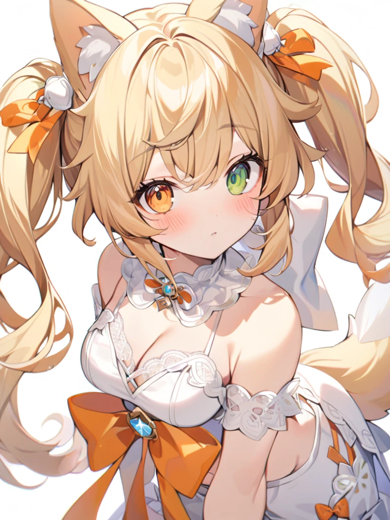 1girl, animal ears, bangs, cutie,bare shoulders, blonde hair, blush, bow, breasts, white cleavage, cropped torso, , green eyes, hair ribbon, heterochromia,  stlooking at viewer, , orange bow, orange eyes, orange ribbon, ears like an unearthly animal, fluffy tail, light tail, real tail, ribbon, solo, stuffed animal, stuffed bunny, stuffed toy, twintails, upper body, full-length, white legbands, white shoes with lace and white bows, white background, wrist cuffs, yellow eyes, bloomers, close-up, fair skin frills, lace, midriff, skirt, solo, , white background,shorts, white top with ribbon and lace and trousers,trousers, genshin,white slippers with a bow,All clothes are white, laceAt full height, it stands, в полный рост