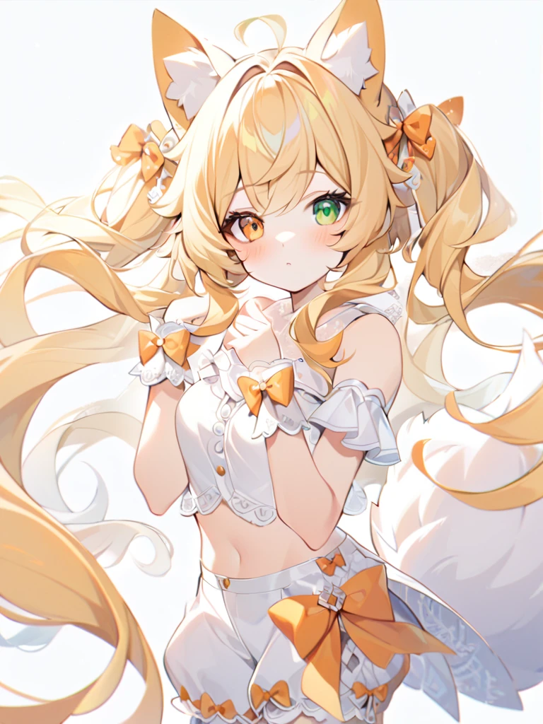 1girl, animal ears, bangs, cutie,bare shoulders, blonde hair, blush, bow, breasts, white cleavage, cropped torso, , green eyes, hair ribbon, heterochromia, stlooking at viewer, , orange bow, orange eyes, orange ribbon, ears like an unearthly animal, fluffy tail, light tail, real tail, ribbon, solo, stuffed animal, stuffed bunny, stuffed toy, twintails, upper body, full-length, white legbands, white shoes with lace and white bows, white background, wrist cuffs, yellow eyes, bloomers, close-up, fair skin frills, lace, midriff, skirt, solo, , white background,shorts, white top with ribbon and lace and trousers,trousers, genshin,white slippers with a bow,All clothes are white, laceAt full height, it stands, в полный рост