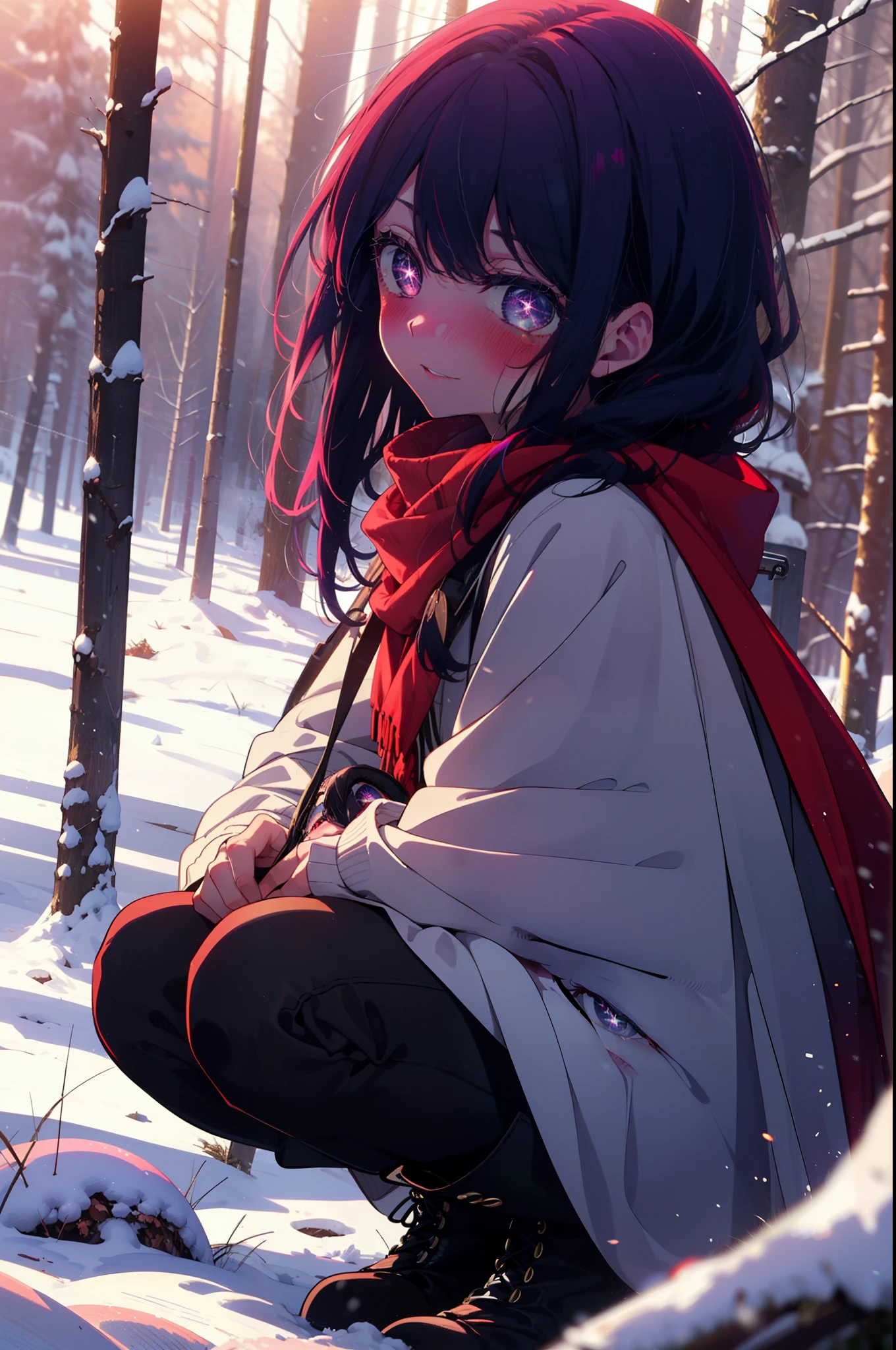 aihoshino, Ai Hoshino, Long Hair, bangs, (Purple eyes:1.1), Purple Hair, (Symbol-shaped pupil:1.5), smile,,smile,blush,White Breath,
Open your mouth,snow,Ground bonfire, Outdoor, boots, snowing, From the side, wood, suitcase, Cape, Blurred, , forest, White handbag, nature, Squat, Mouth closed, Cape, winter, Written boundary depth, Black shoes, red Cape break looking at viewer, Upper Body, whole body, break Outdoor, forest, nature, break (masterpiece:1.2), Highest quality, High resolution, unity 8k wallpaper, (shape:0.8), (Beautiful and beautiful eyes:1.6), Highly detailed face, Perfect lighting, Extremely detailed CG, (Perfect hands, Perfect Anatomy),