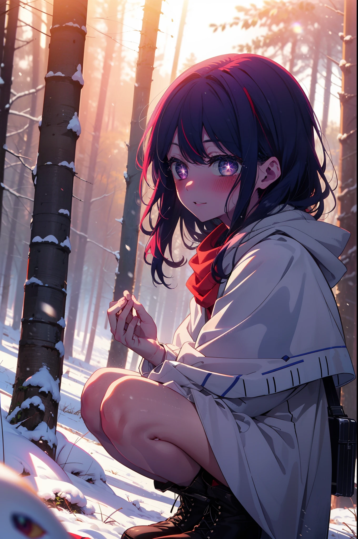 aihoshino, Ai Hoshino, Long Hair, bangs, (Purple eyes:1.1), Purple Hair, (Symbol-shaped pupil:1.5), smile,,smile,blush,White Breath,
Open your mouth,snow,Ground bonfire, Outdoor, boots, snowing, From the side, wood, suitcase, Cape, Blurred, , forest, White handbag, nature,  Squat, Mouth closed, Cape, winter, Written boundary depth, Black shoes, red Cape break looking at viewer, Upper Body, whole body, break Outdoor, forest, nature, break (masterpiece:1.2), Highest quality, High resolution, unity 8k wallpaper, (shape:0.8), (Beautiful and beautiful eyes:1.6), Highly detailed face, Perfect lighting, Extremely detailed CG, (Perfect hands, Perfect Anatomy),