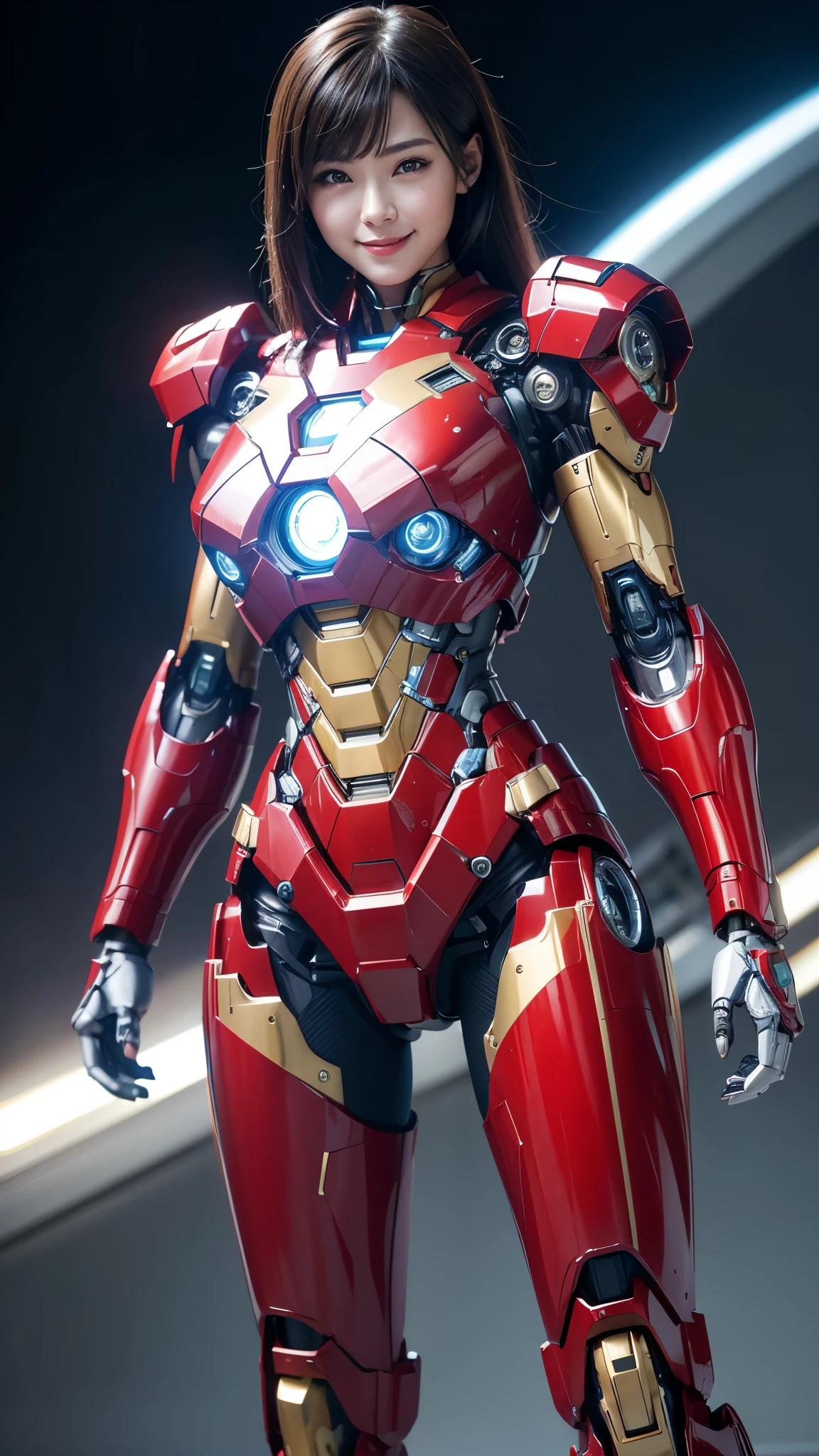 Textured skin, Super Detail, high details, High quality, Best Quality, hight resolution, 1080p, hard disk, Beautiful,(Iron Girl),Beautiful Smile,beautiful cyborg woman,Mecha Cyborg Girl,Battle Mode,Girl with a Mecha Body,She wears an Iron Man mech,A powerful cyborg woman, sleek and futuristic, with advanced mechanical augmentations that enhance her strength and capabilities