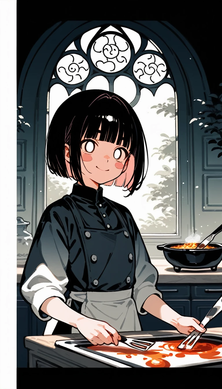score_9, score_8_up, score_7_up, score_6_up, score_5_up, score_4_up, source_anime, beautiful and cute woman, innkeeper, cooking, long face, silvery bob cut, blunt bangs, droopy eyes, smirk, pink cheeks, in a dim forest, faint moonlight, inn entrance with stained glass, simple and simple, slightly scary picture book illustration style, fusion of watercolors and oil paintings, fusion of paper cutting and shadow puppetry, mix of monochrome and color, 2.5D