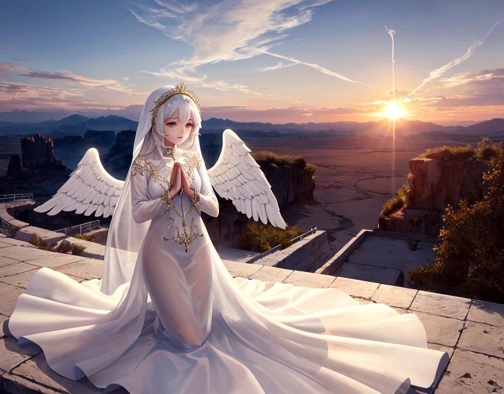 make a beautiful girl in white with transparent clothes almost like an angel praying with an incredible landscape in the background and the sun rising to inspire people