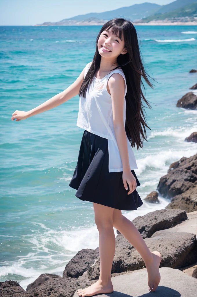 best quality, high school girl, standing on tetrapod, hand waving, summer sunlight, , long black hair, smiling, ocean background, full body