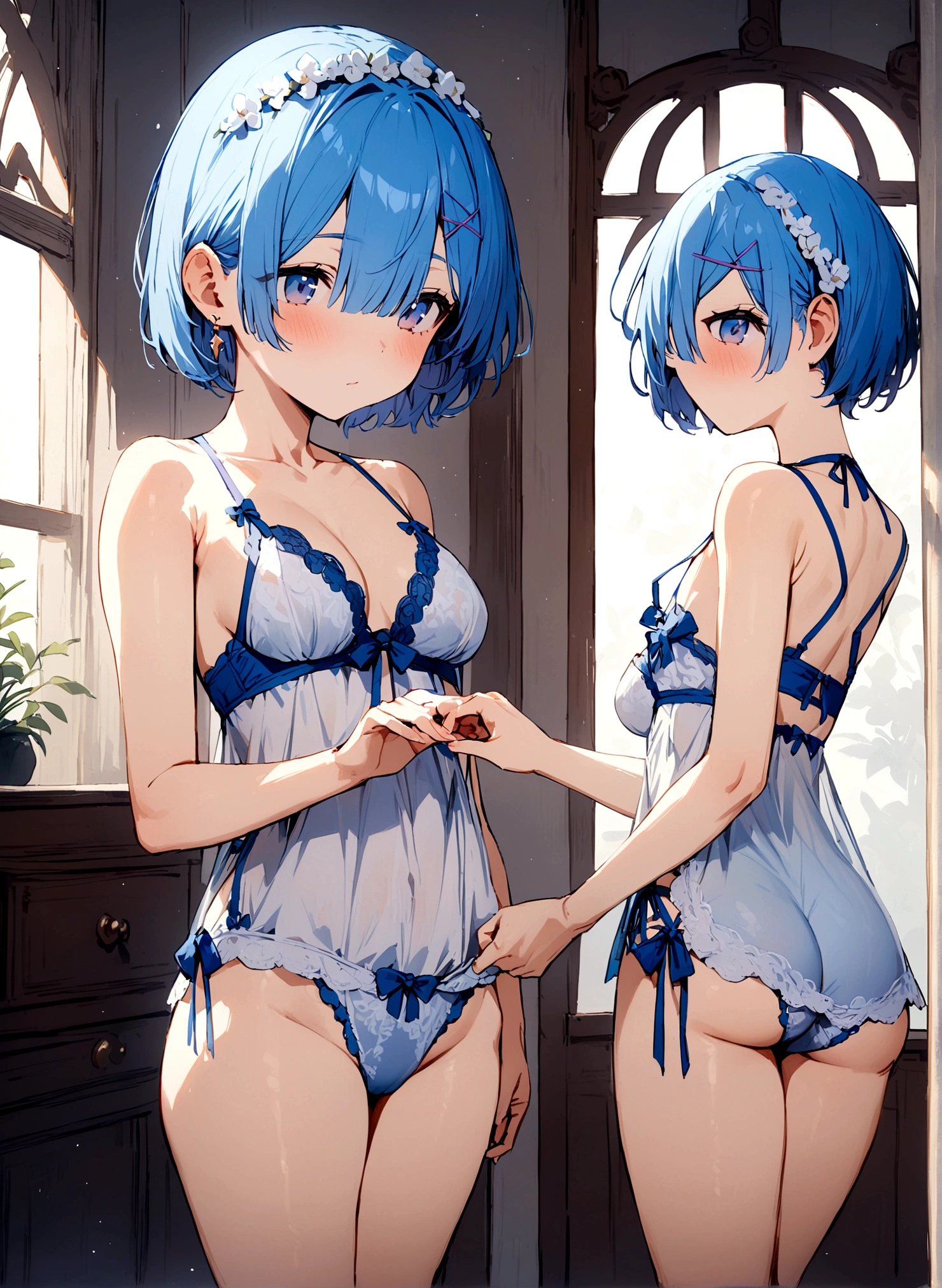 masterpiece, Highest quality, Rem, One girl, lingerie,Beautiful eyes,Blue Hair,whole body,Are standing