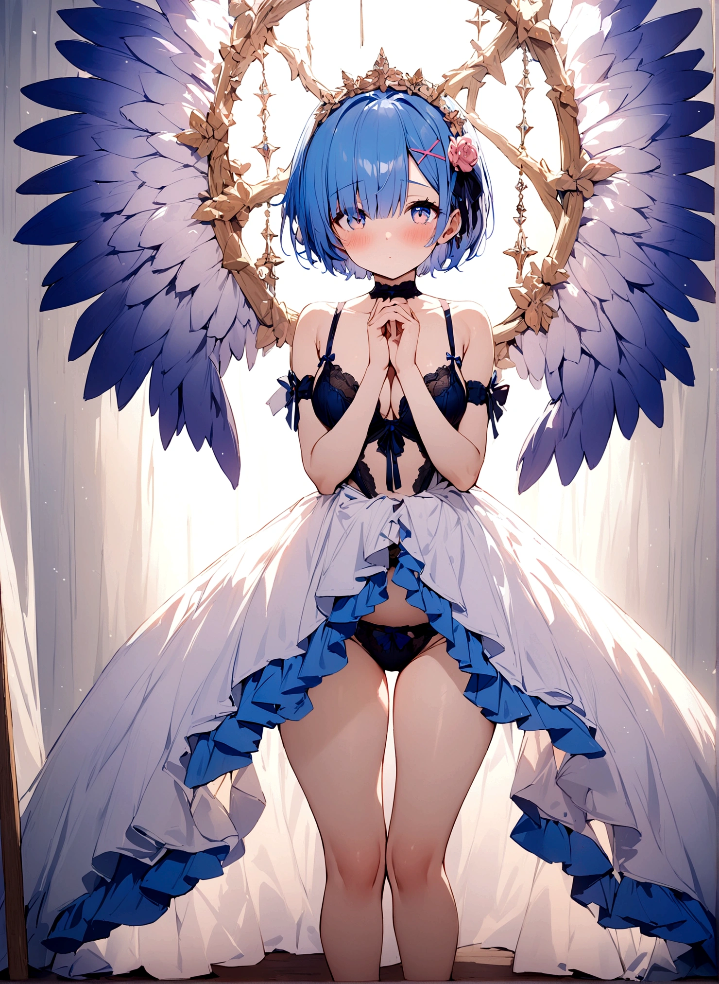 masterpiece, Highest quality, Rem, One girl, lingerie,Beautiful eyes,Blue Hair,whole body,Are standing