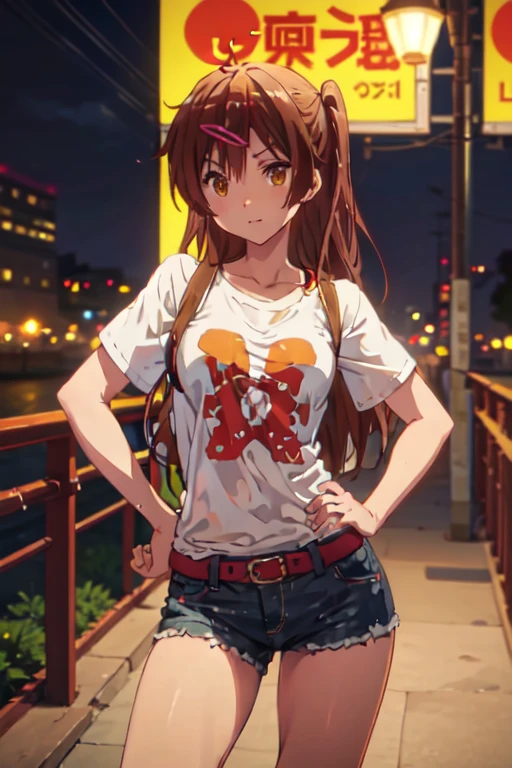 1girl, solo, shinka nibutani, flowing hair, medium breasts,  short tight jeans shorts, short t-shirt, masterpiece, smile, looking at viewer, in night club, wet body, contrapposto, standing, one hand on hip, cowboy shot, long torso, t-shirt pulled up