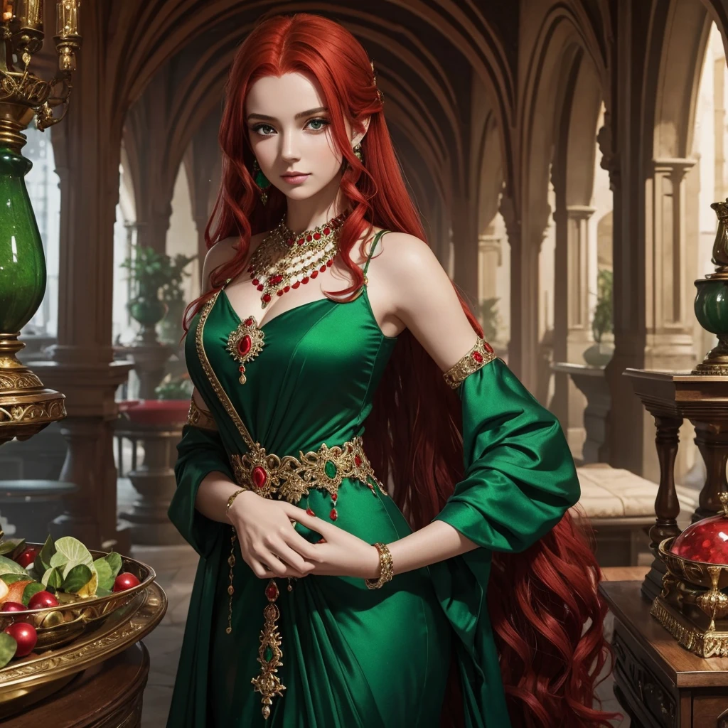 Girl with red hair and emerald green dress with many jewels and with red magic in her hands
