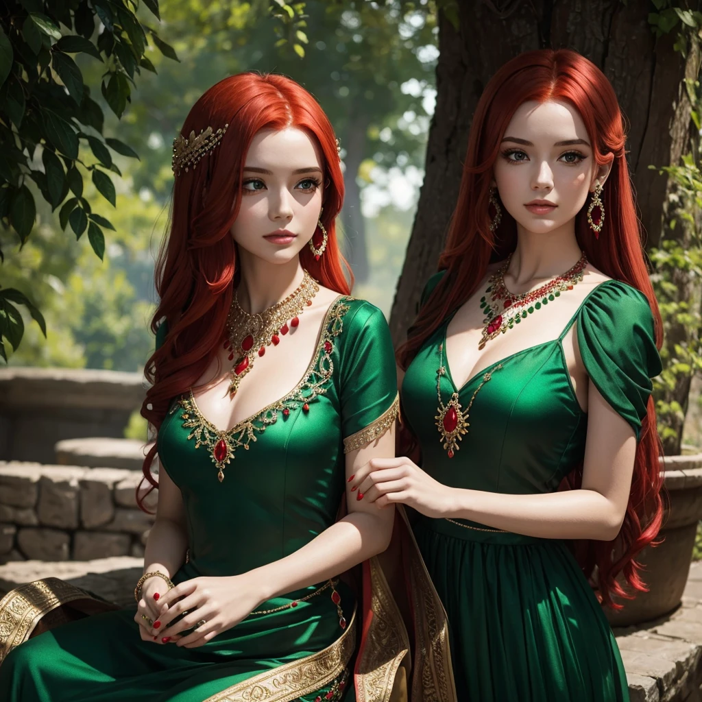 Girl with red hair and emerald green dress with many jewels and with red magic in her hands