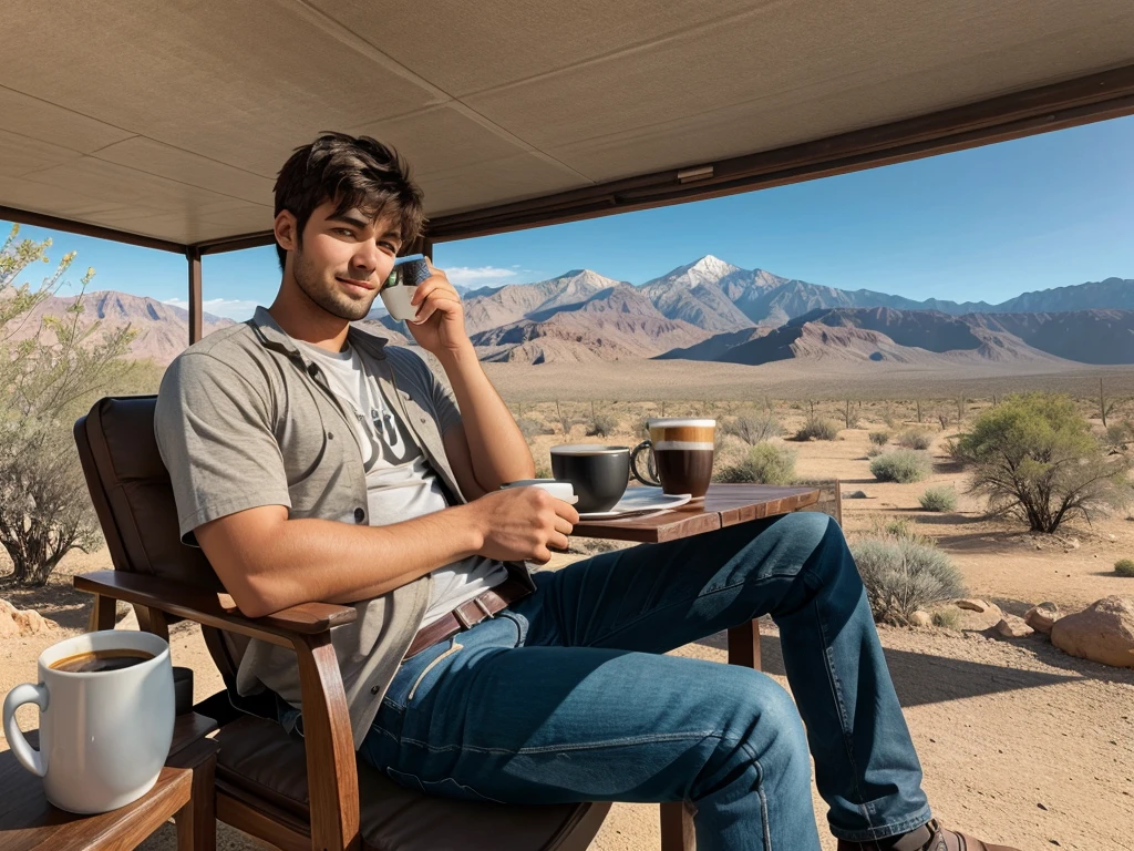 A 30 year young man in desert sitting on chair holding a coffee mug seeing mountain