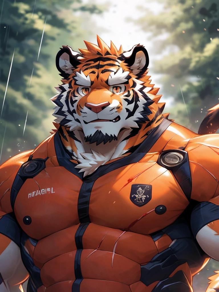 human nature, Wildlife, male,36 years old,Uncle, solitary, ((Round Face, The face is plump,Orange eyes,Thick orange hair,With scars)), ((Endomorph, Handsome,Hot Blood)), (Mecha suit,No electricity,exhaustion), ((domestic tiger, tiger,) Fluffy fur, Fluffy), Bokeh, (high quality, high resolution, masterpiece), (Dynamic Lighting, Vibrant colors), (Revitalize,harm,Disdain), Full body picture (close up), cartoon, author:Takemoto Arashi, From zixiong, By Chunni, author:Empty Ghost,(background:Rainy forest)
