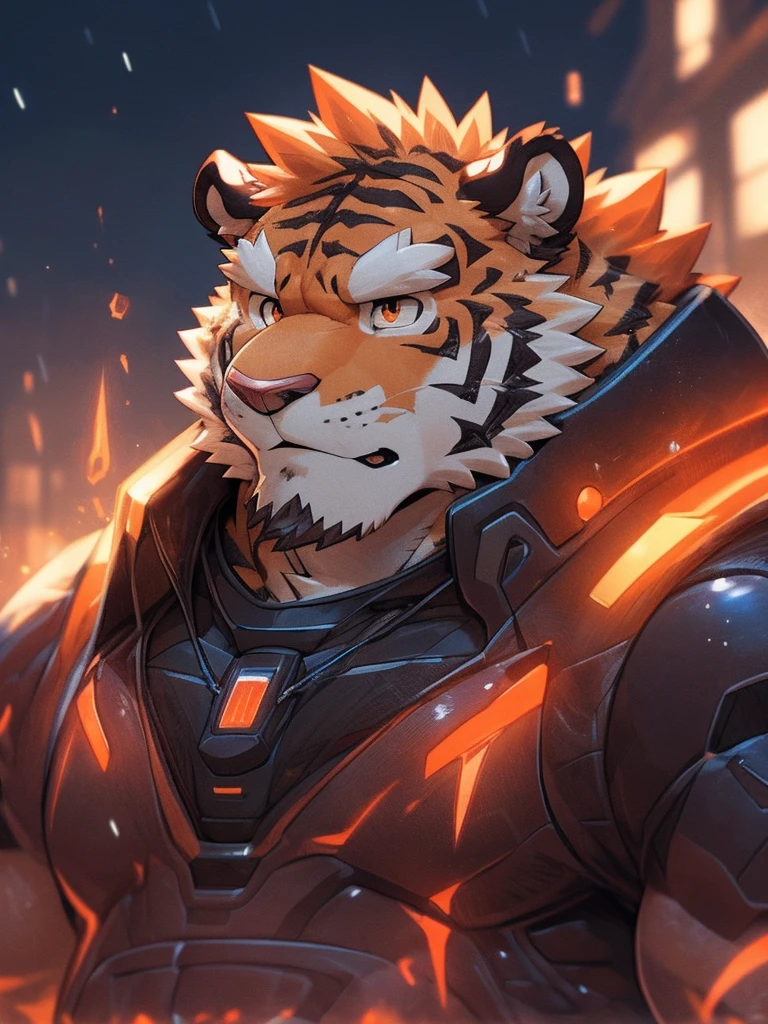 human nature, Wildlife, male,36 years old，Uncle， solitary, ((Round Face, The face is plump,Orange eyes,Thick orange hair，With scars)), ((Endomorph, Handsome，Hot Blood)), （Mecha suit，No electricity，exhaustion), ((domestic tiger, tiger，) Fluffy fur, Fluffy), Bokeh, (high quality, high resolution, masterpiece), (Dynamic Lighting, Vibrant colors), (Revitalize，harm，Disdain), Full body picture (close up), cartoon, author：Takemoto Arashi, From zixiong, By Chunni, author：Empty Ghost，（background：Rainy forest）