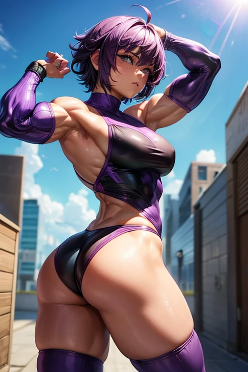 one female character, (musclegirl), ((short-hair)), purple hair, (medium breasts), (big-ass). Muito musculosa, (armadura de placas)