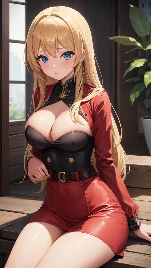 girl ,long blonde hair,blue eyes,sexy,big chest,red dress,red hair boy ,black suit dress,ABR