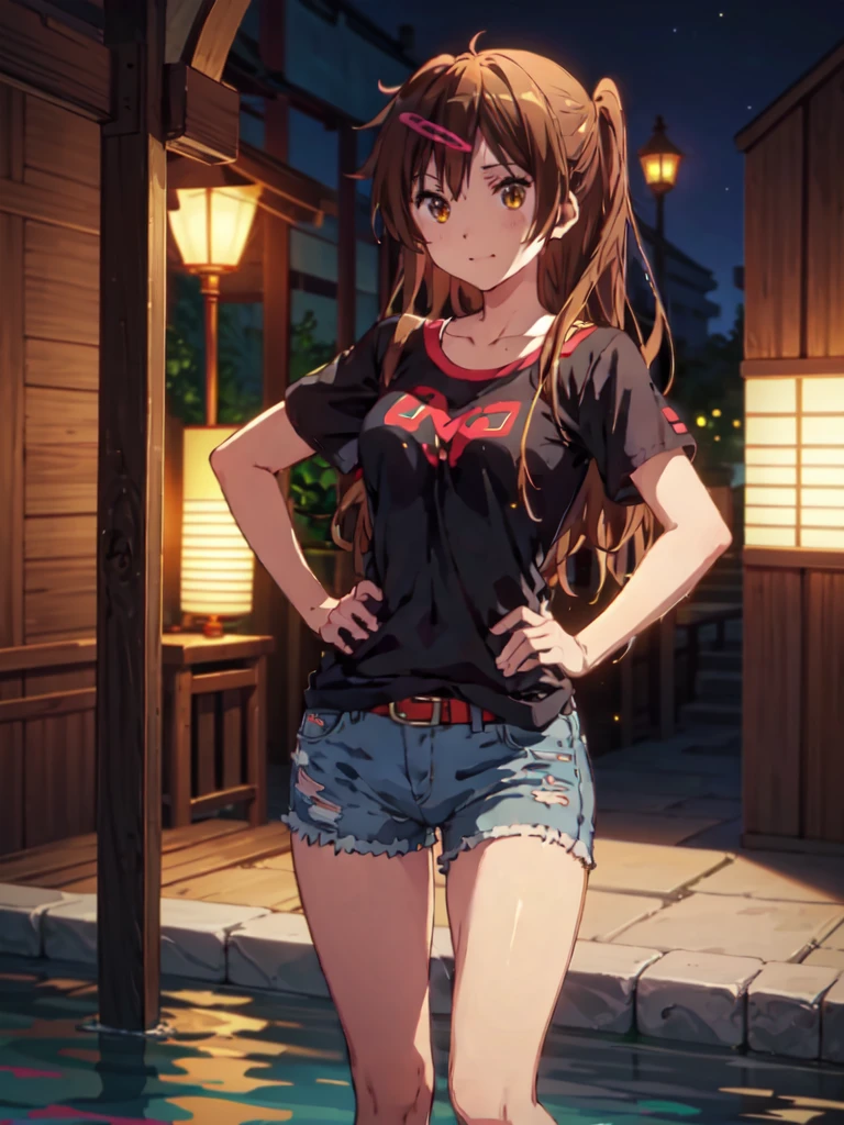 1girl, solo, shinka nibutani, flowing hair, medium breasts,  short tight jeans shorts, short t-shirt, masterpiece, smile, looking at viewer, in night club, wet body, contrapposto, standing, one hand on hip, cowboy shot, long torso, t-shirt pulled up