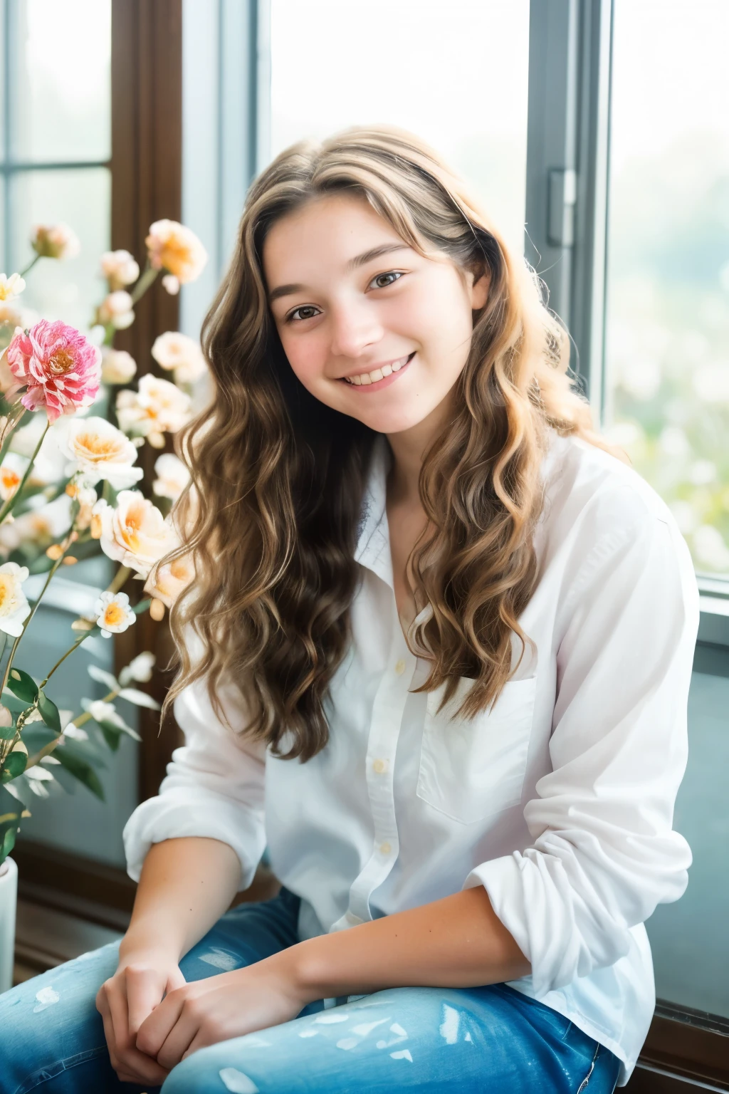 A young artist, ((20-year-old)), ((female)), with a head full of ((long, wavy, chestnut-brown hair)), is capturing the beauty of ((continuous line flowers)) in a minimal watercolor painting. She is sitting in a well-lit room, ((natural light streaming in through a window)), ((wearing a simple white shirt and jeans)), with a gentle smile on her face. The flowers, with their delicate petals and vibrant colors, are the focal point of the painting, and her focus is so intense that she seems to be lost in the world of art. The watercolor painting is still wet, and the colors blend and merge as she continues to work,