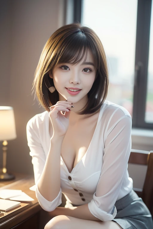 (A gorgeous Chinese office lady, age 28, wearing formal white shirt and grey pencil mini-skirt, eating dark chocolates in her cosy bedroom at night, friendly and kind expression, gentle smile, dimpled smile, cute snaggle-tooth, Korean Bob Haircut Side-Bangs-Sophistication, beautiful detailed face, bright_and_full_of_warmth_eyes, beautiful detailed eyes, ample round bosom, photorealistic, hyper-realism, high contrast, ultra HD, realistic skin textures, top image quality, top-quality, super high resolution, fine details, very meticulously, masterpiece, head to knees, the Cowboy shot, romantic atmosphere, bokeh night background, warm lighting)