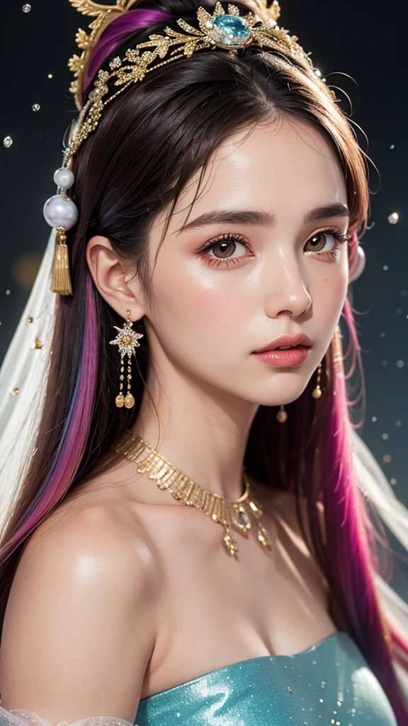 (((Single eyelid)))Snow hoop exclusion area 32K(tmasterpiece,k hd,hyper HD,32K)Long flowing purple-pink hair,Autumn Pond,zydink, a color, Tongzhou people (Girl with glowing eyes), (Thin silk scarf), Side squat position, looking at the ground, long whitr hair, Floating hair, Python headdress, Chinese long-sleeved clothing, (abstract ink splash:1.2), white backgrounid,Lotus protector(realisticlying:1.4),Purple-pink hair,Snowflakes fluttering,The background is pure, A high resolution, the detail, RAW photogr, Sharp Re, Nikon D850 Film Stock Photo by Jefferies Lee 4 Kodak Portra 400 Camera F1.6 shots, Rich colors, ultra-realistic vivid textures, Dramatic lighting, Unreal Engine Art Station Trend, cinestir 800,Long flowing purple-pink hair,((masterpiece)). This artwork is sweet, dreamy and ethereal, with soft pink watercolor hues and candy accents. Generate a delicate and demure fae exploring a (bubblegum world with a wide variety of pastel shades). Her sweet face is extremely detailed and realistic with elegant features and a fierce expression, and looks like ((((naomi scott)))). Include mature features and stunning, highly realistic eyes. Her eyes are important and should be realistic, highly detailed, and beautiful. In high definition and detail, include lots of details like stars, galaxies, colorful bubbles, colorful petals, and lots of energy and emotion! The stars and colorful bubblegum bubbles are important! Include fantasy details, enhanced details, iridescence, colorful glittering wind, and pollen. Pay special attention to her face and make sure it is beautifully and realistically detailed. The image should be dreamy and ethereal.8k, intricate, elegant, highly detailed, majestic, digital photography