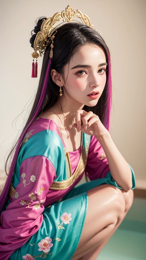 （（（Single eyelid）））Snow hoop exclusion area 32K（tmasterpiece，k hd，hyper HD，32K）Long flowing purple-pink hair，Autumn Pond，zydink， a color， Tongzhou people （Girl with glowing eyes）， （Thin silk scarf）， Side squat position， looking at the ground， long whitr hair， Floating hair， Python headdress， Chinese long-sleeved clothing， （abstract ink splash：1.2）， white backgrounid，Lotus protector（realisticlying：1.4），Purple-pink hair，Snowflakes fluttering，The background is pure， A high resolution， the detail， RAW photogr， Sharp Re， Nikon D850 Film Stock Photo by Jefferies Lee 4 Kodak Portra 400 Camera F1.6 shots, Rich colors, ultra-realistic vivid textures, Dramatic lighting, Unreal Engine Art Station Trend, cinestir 800，Long flowing purple-pink hair，((masterpiece)). This artwork is sweet, dreamy and ethereal, with soft pink watercolor hues and candy accents. Generate a delicate and demure fae exploring a (bubblegum world with a wide variety of pastel shades). Her sweet face is extremely detailed and realistic with elegant features and a fierce expression, and looks like ((((naomi scott)))). Include mature features and stunning, highly realistic eyes. Her eyes are important and should be realistic, highly detailed, and beautiful. In high definition and detail, include lots of details like stars, galaxies, colorful bubbles, colorful petals, and lots of energy and emotion! The stars and colorful bubblegum bubbles are important! Include fantasy details, enhanced details, iridescence, colorful glittering wind, and pollen. Pay special attention to her face and make sure it is beautifully and realistically detailed. The image should be dreamy and ethereal.8k, intricate, elegant, highly detailed, majestic, digital photography