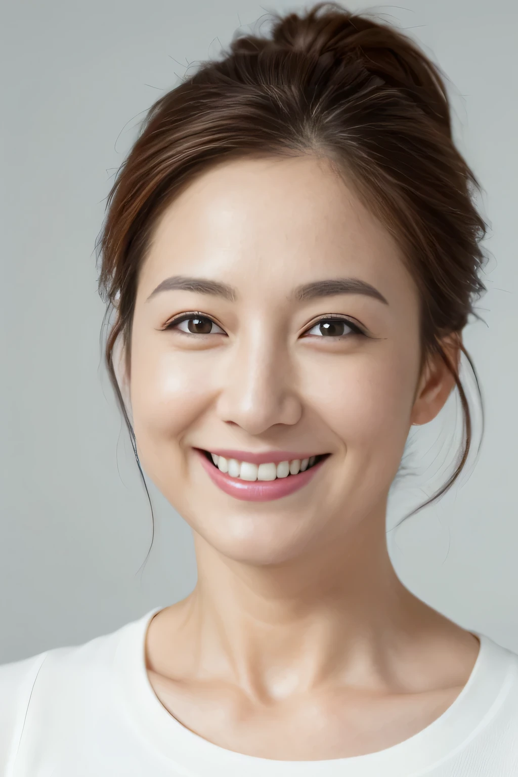Masseter Film, Highest quality, masterpiece, High resolution, realism, Original photo, 8k wallpaper, perfection, Professional Lighting, Very detailed, Written boundary depth, ((Beautiful woman)), ((40-year-old woman)),, ((smile)), Detailed face, Beautiful Eyes,, (Thick lips), A photo of your face,Put your hair up and expose your neck hospital White