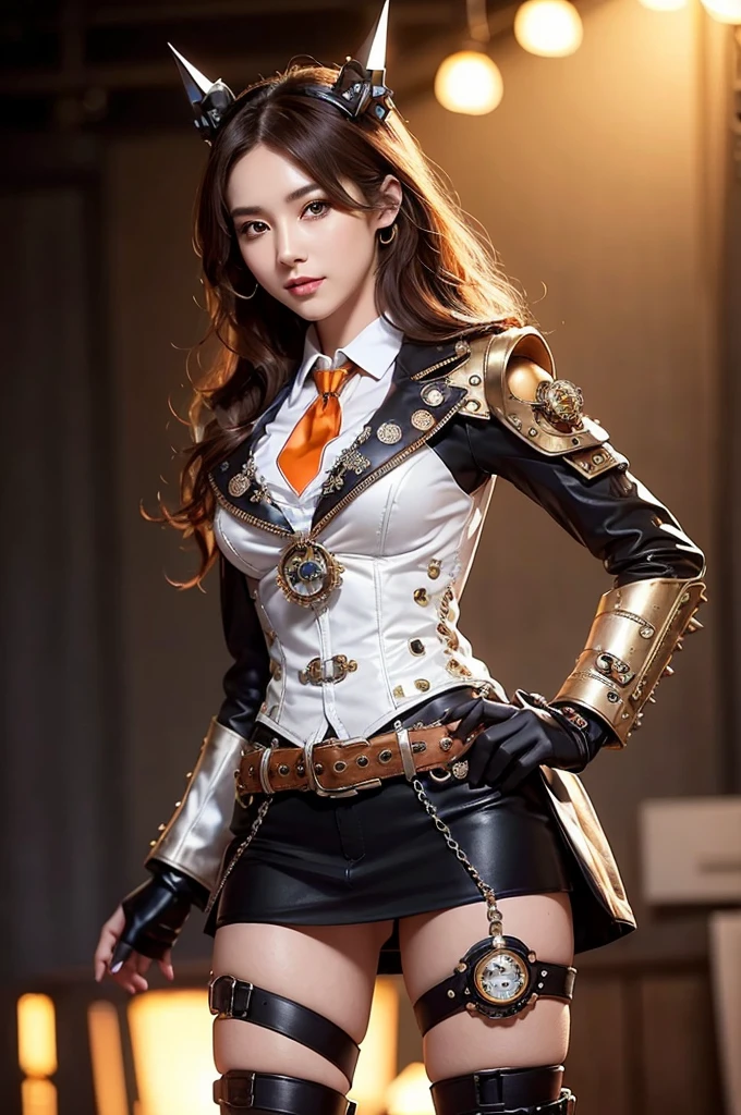 Woman portrait、Highest quality、Rear view、8k,Detailed face, clear, Fine skin、Clear, beautiful eyes、whole body、(Curly Hair)、My hair was messed up by the wind、The beauty of a smile、(Glamorous Muscle、tall),(Hip_superior, Hip superior), Mature Woman,( Watching the audience),Realistic, High resolution, Soft Light,1 female, alone, Hipアップ, Glowing Skin, (Detailed face), Sexy smile, Perfect Style, Perfect balance,Black hair,Long Hair,Naughty look,((Steampunk Hanbok,android suit)),(Red and white mechs,lolita fashion, High-tech Mecha,Beautiful steampunk cyborg woman,Steampunk Mecha Cyborg Girl,Red steampunk red and white jacket,Steampunk white dress shirt,Red jeweled tie,silver dress shirt,wrist cuffs,Gemstone Helmet,belt,High leg),((arms behind back)),(bokeh),(studio lighting)