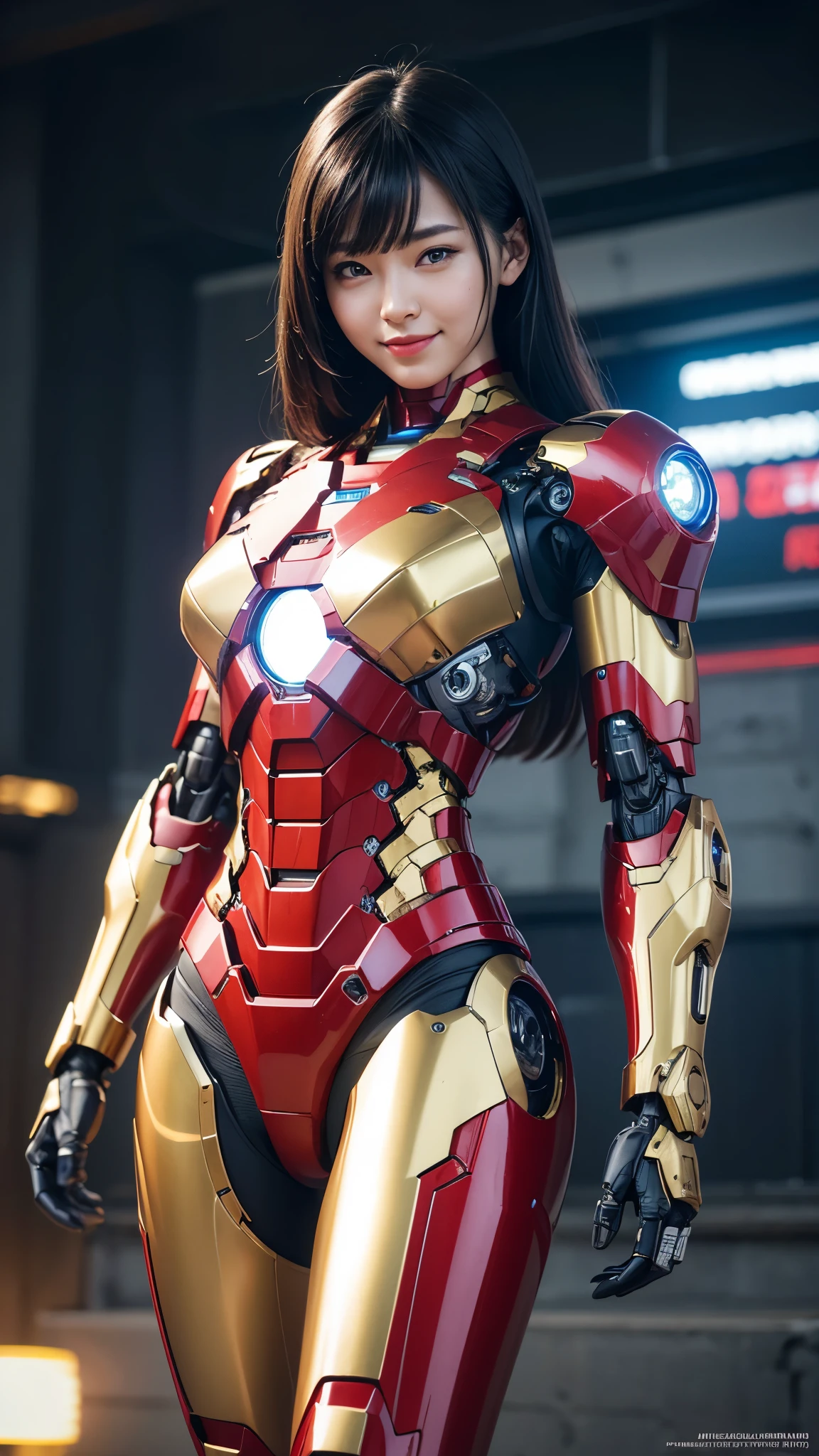 Textured skin, Super Detail, high details, High quality, Best Quality, hight resolution, 1080p, hard disk, Beautiful,(Iron Girl),Beautiful Smile,beautiful cyborg woman,Mecha Cyborg Girl,Battle Mode,Girl with a Mecha Body,She wears an Iron Man mech,A powerful cyborg woman, sleek and futuristic, with advanced mechanical augmentations that enhance her strength and capabilities