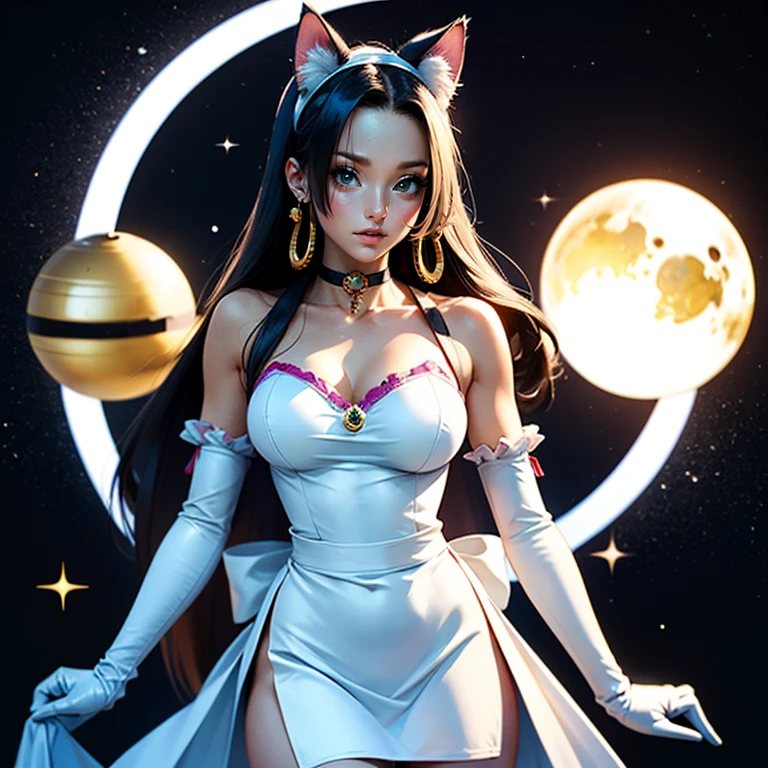 1girl, white maid dress, jewelry, black hair, lilac eyes, flowing hair, short hair, maid dress with a short skirt and layers, white laces, white boots, white dress with transparency, gold details on her clothes, cat ears, animal ears,  more details, perfectly body, perfectly hands, two hands, two legs, two arms, five fingers, glowing hair, best quality, cat ears, animal ears, tail ornament, tail bow, white gloves, two cat tail, white gloves, alone, headdress, choker, detached sleeves, maid dress, maid white dress, strapless, masterpeice, best quality, detailed face, night, asymmetrical gloves, bangs, white short skirt , white gloves, white boots, earrings, elbow gloves, fishnet thighhighs, fishmasterpeice, solo, best quality, detailed face, gloves, green eyes, green hair, hair between eyes, jewelry, long hair, looking at viewer, single earring, sky, sleeveless, solo, thigh boots, thighhighs, tongue, tongue out, uneven gloves, cat ears, animal ears, cat tail, , solo, alone, Looking at the viewer, More details on the clothes, magenta roses on her hair, space scenery, maid, maid dress, magenta details, magenta roses, headdress, maid apron, wave hair, seat on the Saturn rings, bats details on her clothes, more details on her clothes, gold details on her clothes, space, smiling, standing her hand to a viewer, looking at the viewer, in the background a several asteroids glowing with fiery auras, Dramatic lighting from distant stars and planets illuminates the scene, looking at the vast and mysterious universe, cowboy shot, upper body portrait, more details, sparkle,