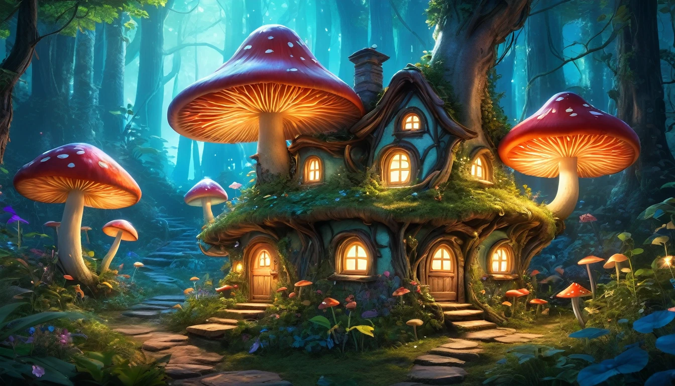 (anime, fantasy, fairy house), (detailed CG unity 8k wallpaper, masterpiece, best quality, ultra-detailed, HDR:1.2), vibrant colors, A fairy mushroom house in an enchanted bioluminescent forest. magical forest, enchanted, beautiful, herbs plant