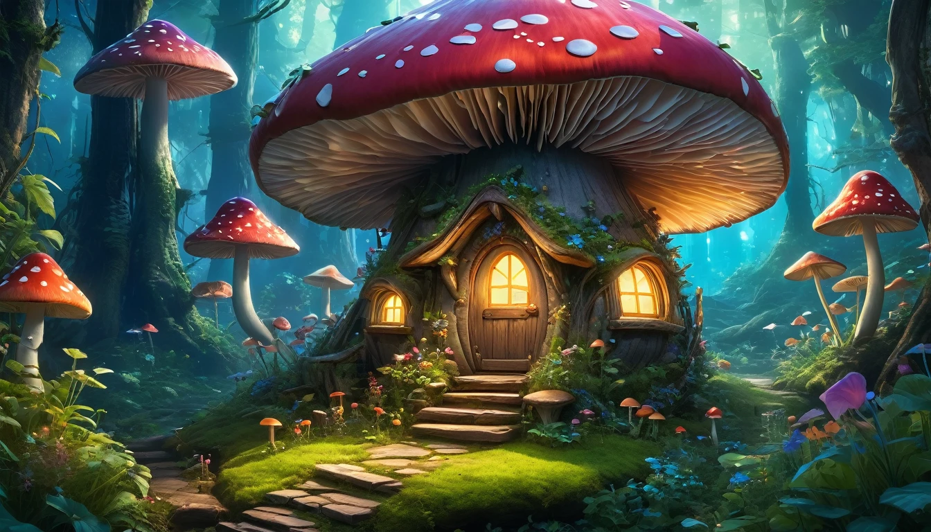 (anime, fantasy, fairy house), (detailed CG unity 8k wallpaper, masterpiece, best quality, ultra-detailed, HDR:1.2), vibrant colors, A fairy mushroom house in an enchanted bioluminescent forest. magical forest, enchanted, beautiful, herbs plant
