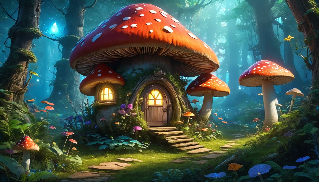 (anime, fantasy, fairy house), (detailed CG unity 8k wallpaper, masterpiece, best quality, ultra-detailed, HDR:1.2), vibrant colors, A fairy mushroom house in an enchanted bioluminescent forest. magical forest, enchanted, beautiful, herbs plant