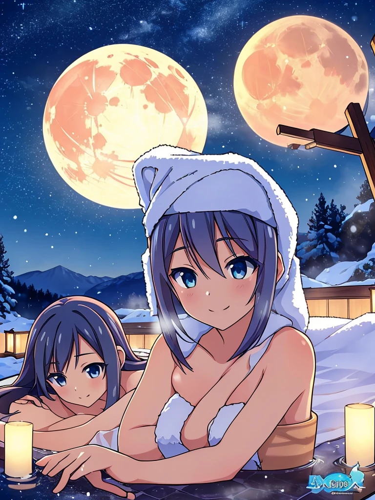 ((greatest masterpiece:1.3, ultimate quality:1.3, ultra-detailed:1.2)), (movie lighting), ((perfectly sensual)), super fine illustration, an extremely delicate and beautiful, 4K, 8K, 16K, UHD, 1 girl, big smile, ((bath towel)), Spotlight on Japanese hot springs, open-air bath, steam, deep at night, Super giant moon, Monts, snow scene, open-air bath, starry sky, multiple men and women,, style of anime 