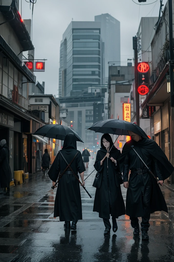 While creating a realistic feel、Please describe a large number of Grim Reapers with scythes descending on a big city on a rainy day.